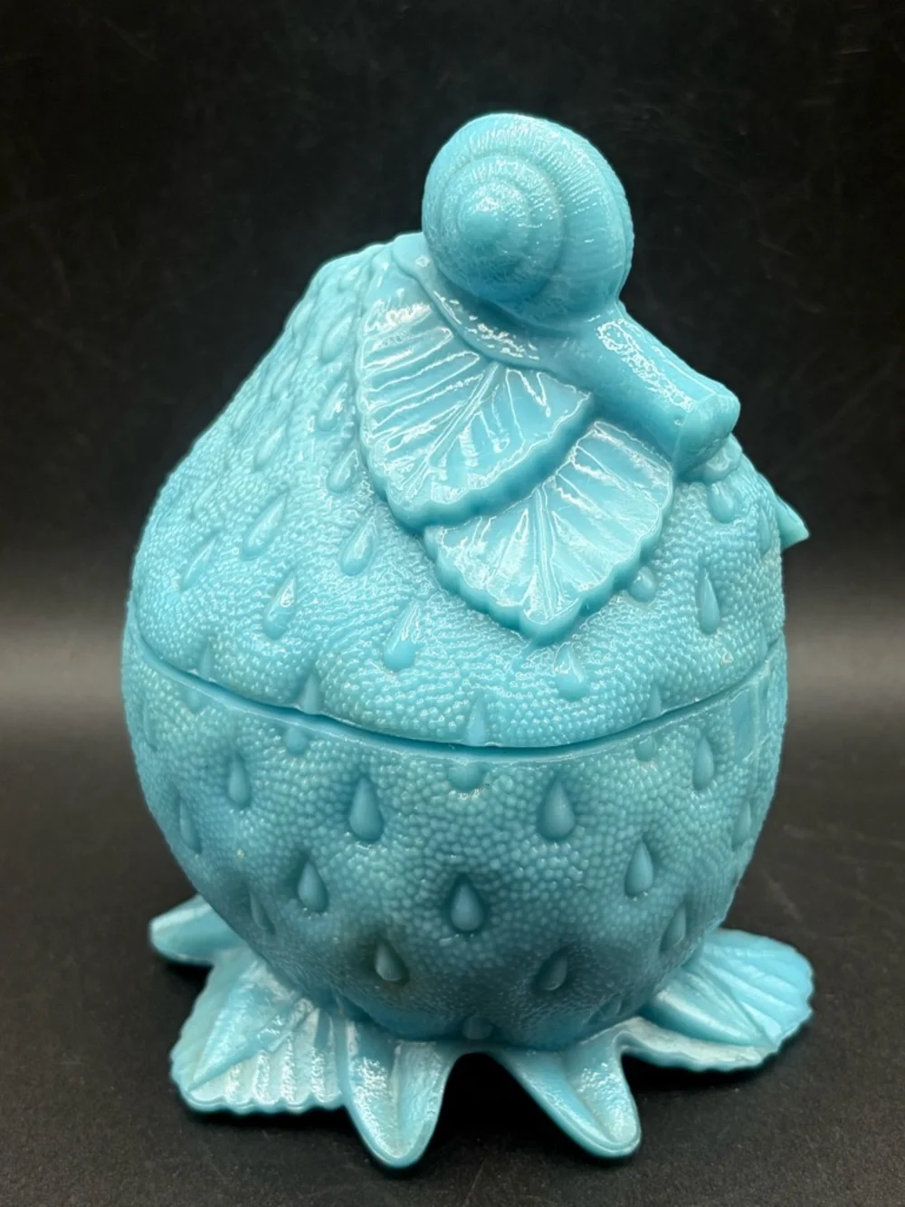 Portieux Blue Milk Glass Snail on Strawberry Lidded Dish Candy Bowl Trinket Box